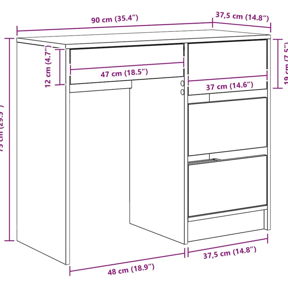 vidaXL Bureau Wit Bewerkt hout 90 x 37,5 x 75 cm