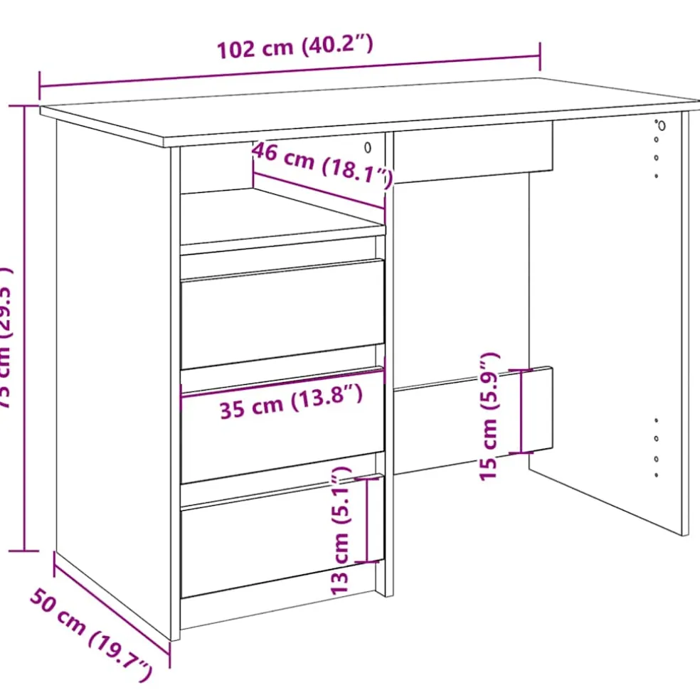 vidaXL Bureau 102x50x75 cm bewerkt hout sonoma eikenkleurig
