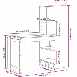 vidaXL Bureau Zwart Eiken Bewerkt hout 122 x 67 x 145 cm