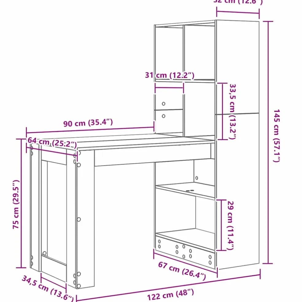 vidaXL Bureau Zwart Eiken Bewerkt hout 122 x 67 x 145 cm