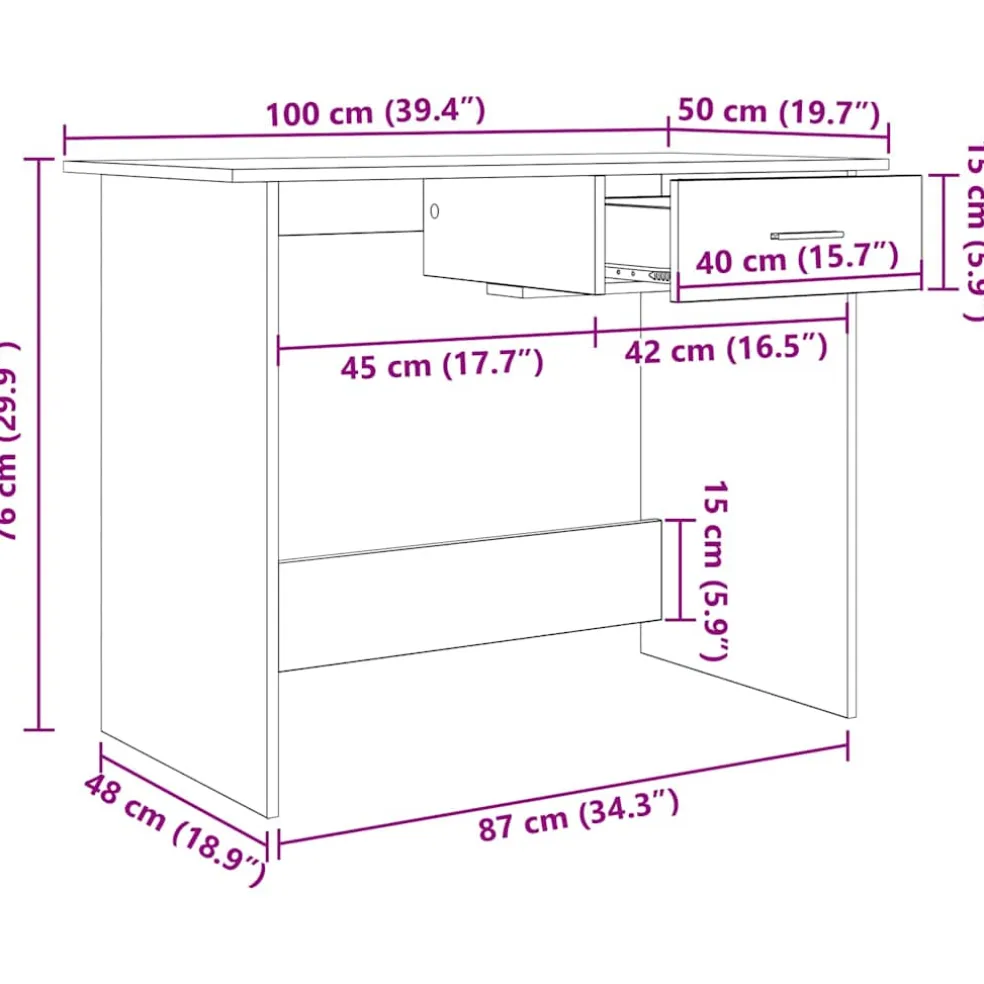 vidaXL Bureau Zwart Eiken 100 x 50 x 76 cm Bewerkt hout