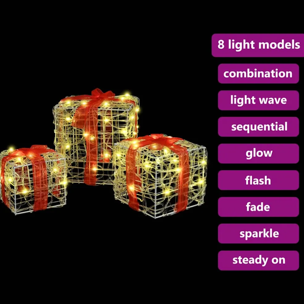 vidaXL Cadeau Doos 3 st 60 LED's Warmwit 20 x 20 x 20 cm Acryl
