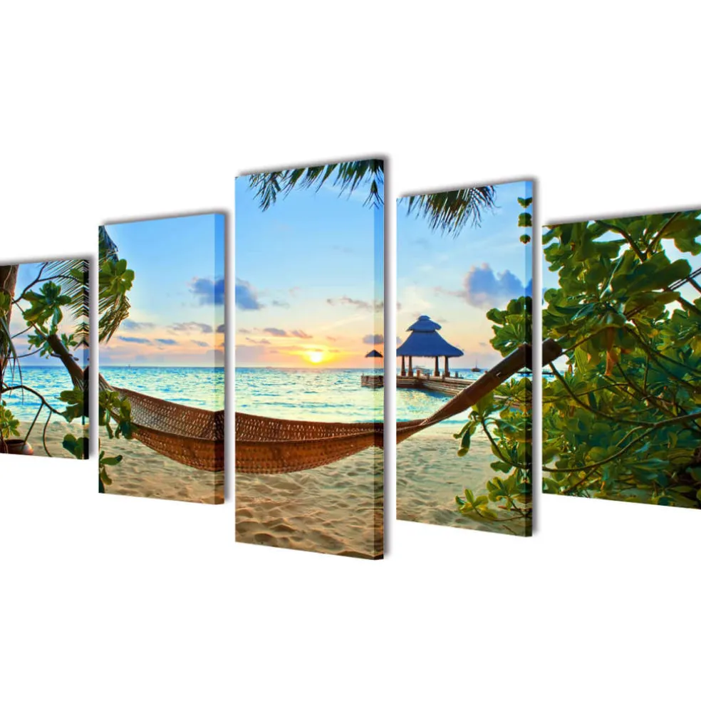 vidaXL Canvas muurdruk set zandstrand met hangmat 100 x 50 cm