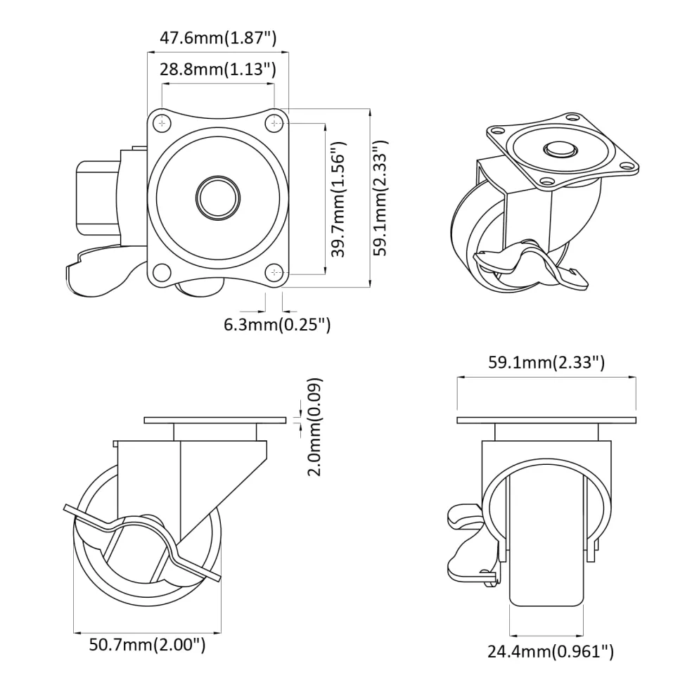 vidaXL Caster 2 st Zwart en zilver 50,7 x 50,7 x 24,4 mm IJs en nylon