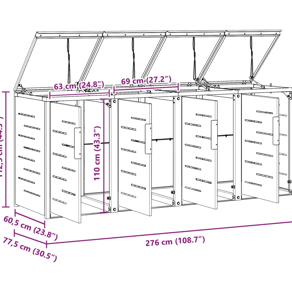 vidaXL Containerombouw for 4 Bins 240L Roestvrij staal Zwart