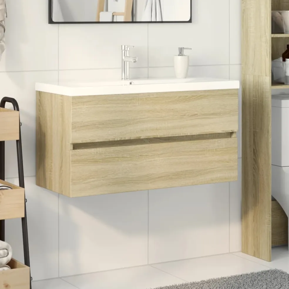 vidaXL 2-delige Badkamermeubelset keramiek en bewerkt hout