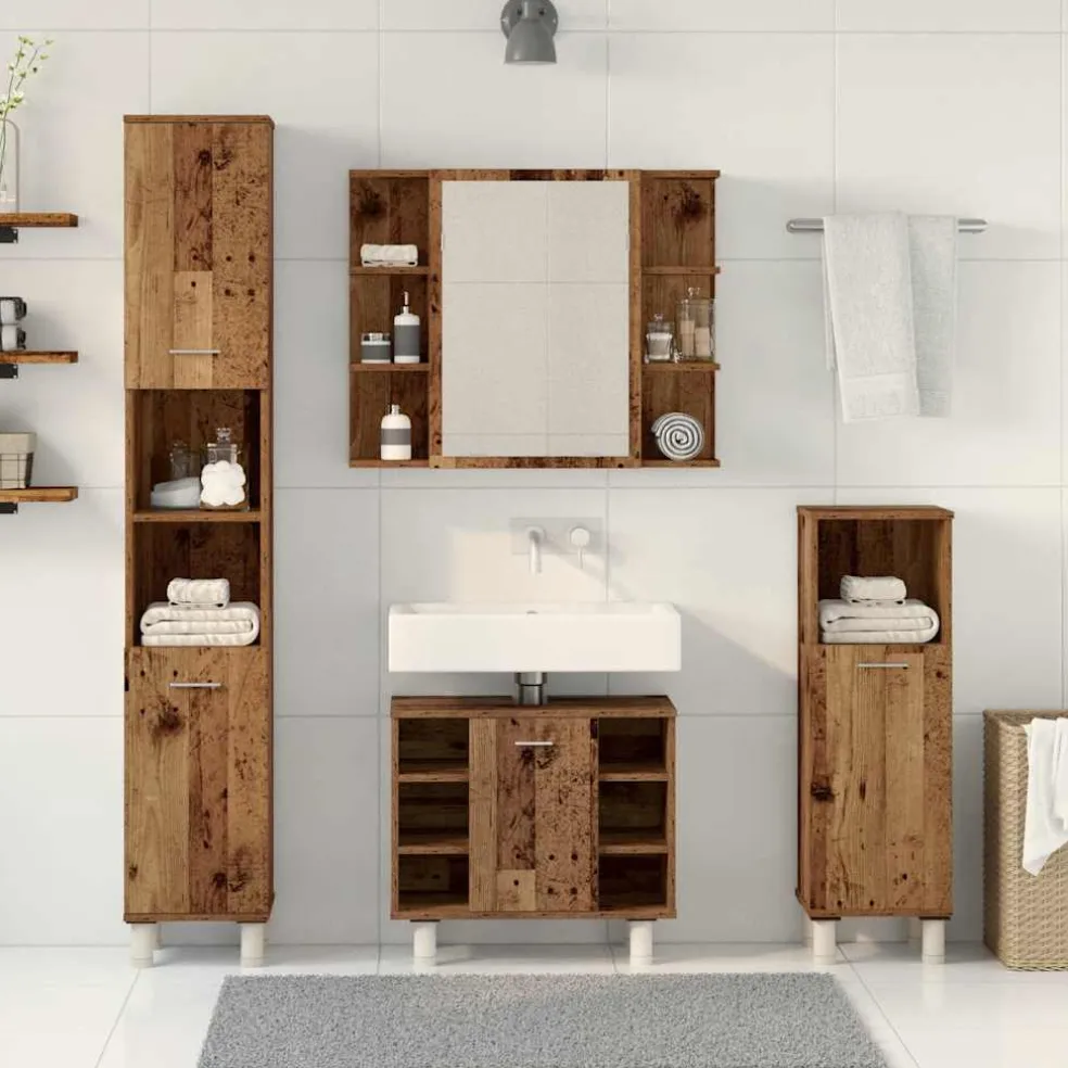 vidaXL 4-delige Badkamermeubelset bewerkt hout oud houtkleurig