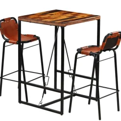 vidaXL 3-delige Barset massief gerecycled hout en echt geitenleer