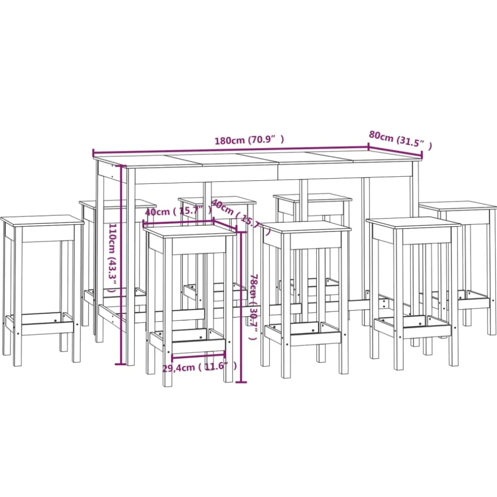 vidaXL 9-delige Barset massief grenenhout wit