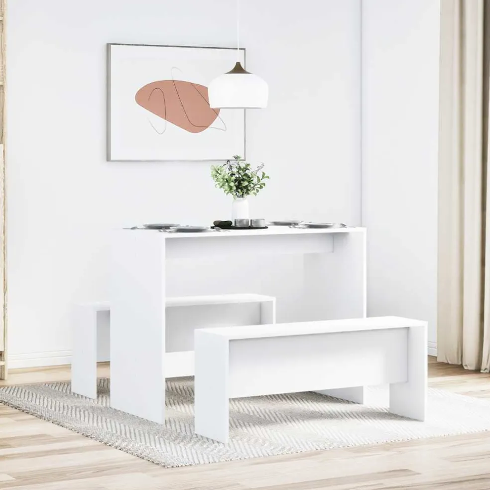 vidaXL 3-delige Eettafel en bankenset bewerkt hout wit