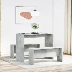 vidaXL 3-delige Eettafel en bankenset bewerkt hout betongrijs
