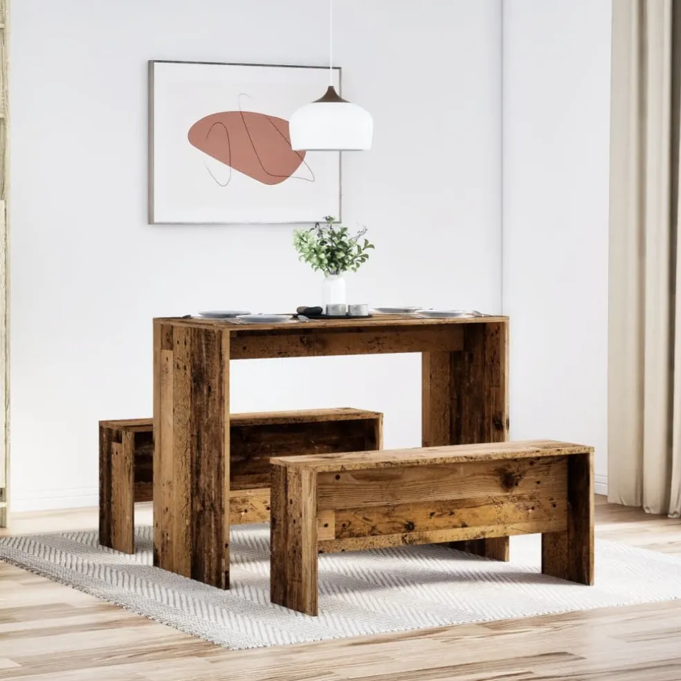 vidaXL 3-delige Eettafel en bankenset bewerkt hout oud houtkleurig