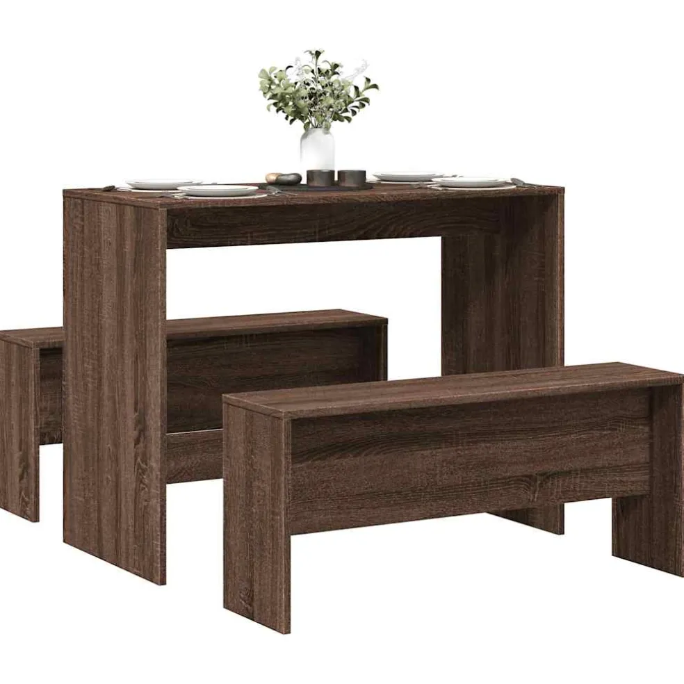 vidaXL 3-delige Eettafel en bankenset bewerkt hout bruin eikenkleur