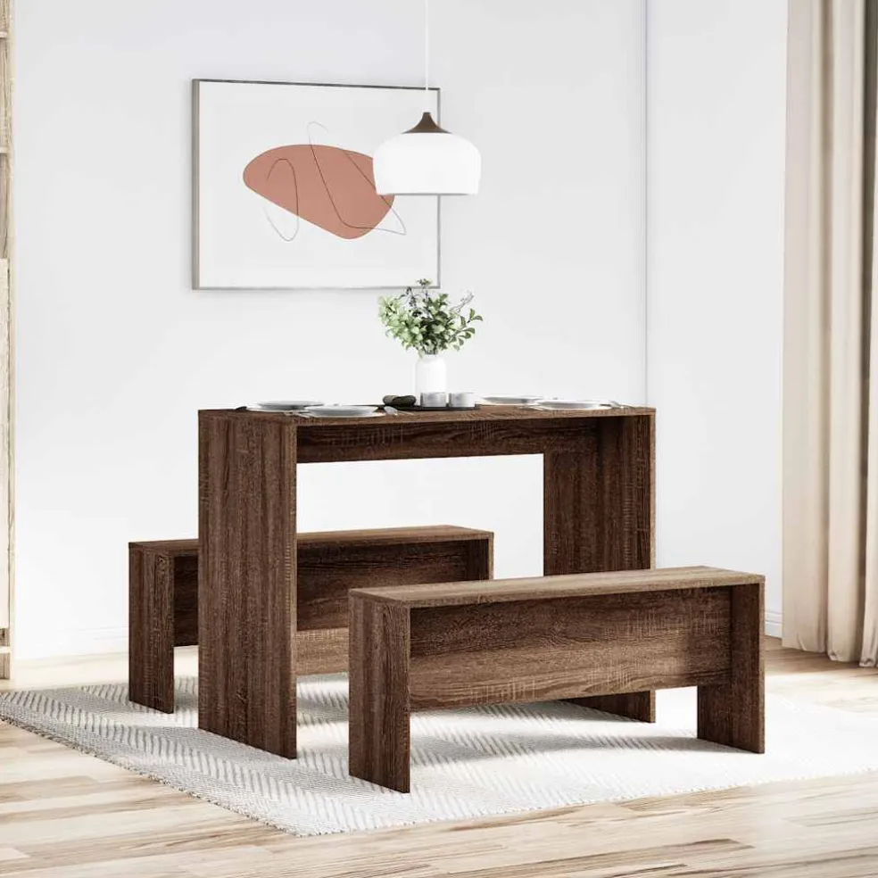 vidaXL 3-delige Eettafel en bankenset bewerkt hout bruin eikenkleur
