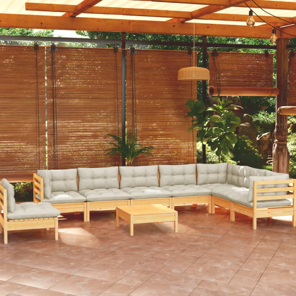 vidaXL 9-delige Loungeset met crèmekleurige kussens massief grenenhout
