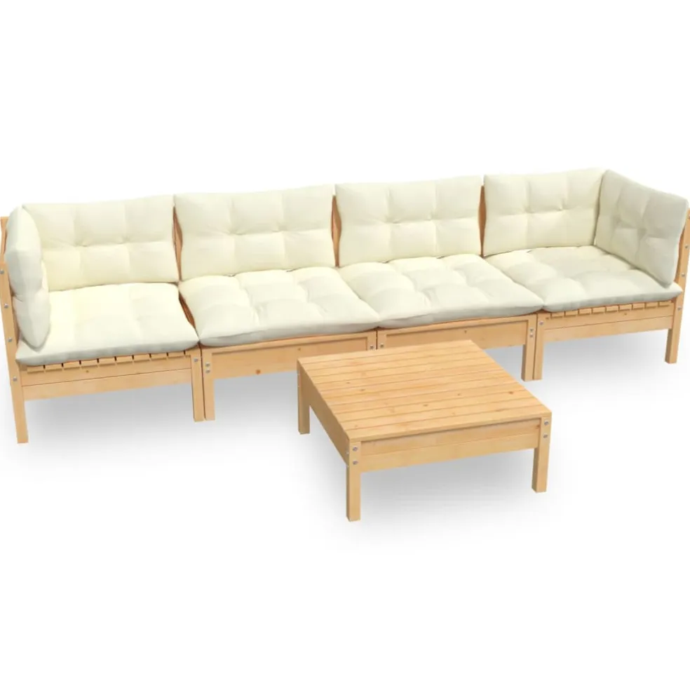 vidaXL 5-delige Loungeset met crèmekleurige kussens massief grenenhout