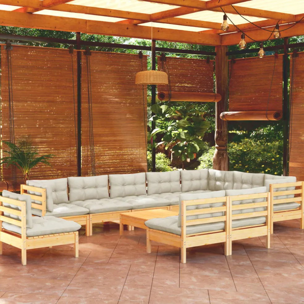 vidaXL 11-delige Loungeset met crèmekleurige kussens grenenhout