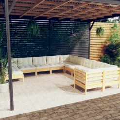 vidaXL 11-delige Loungeset met crèmekleurige kussens grenenhout
