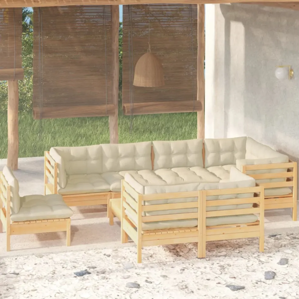 vidaXL 9-delige Loungeset met crèmekleurige kussens massief grenenhout