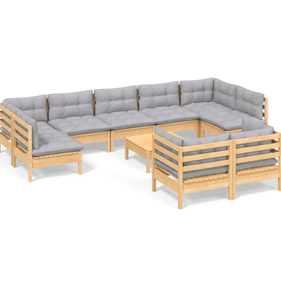 vidaXL 10-delige Loungeset met grijze kussens massief grenenhout