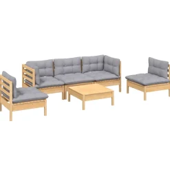vidaXL 6-delige Loungeset met grijze kussens massief grenenhout