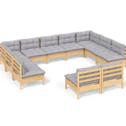 vidaXL 11-delige Loungeset met grijze kussens massief grenenhout