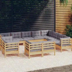vidaXL 12-delige Loungeset met grijze kussens massief grenenhout
