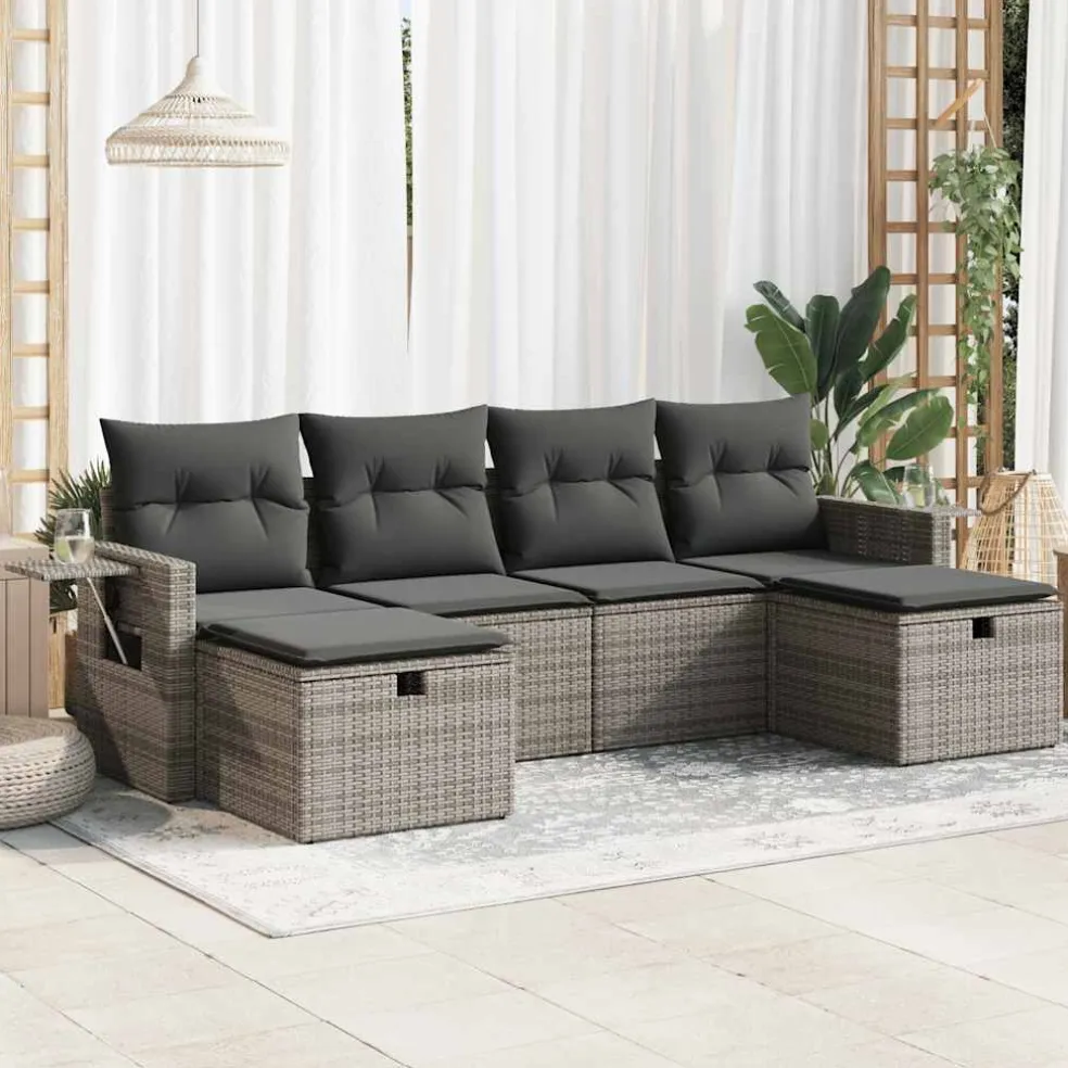 vidaXL 6-delige Loungeset met kussens poly rattan grijs
