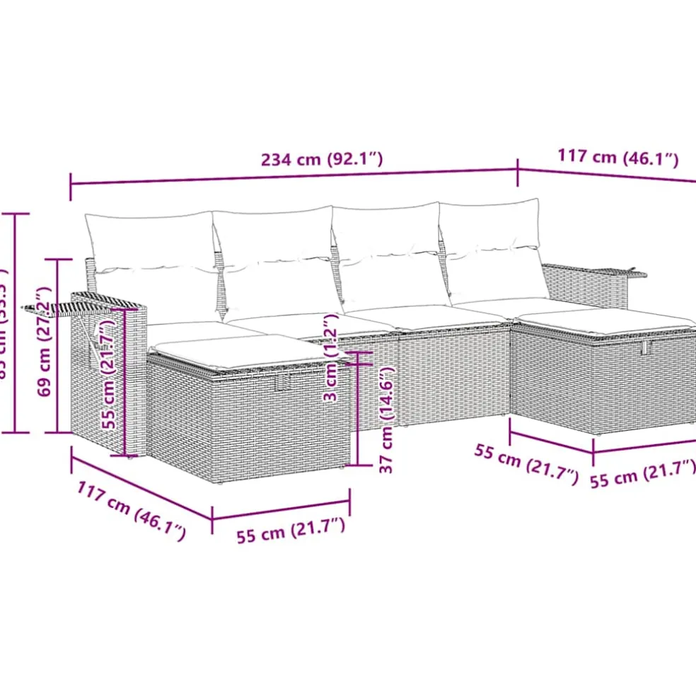 vidaXL 6-delige Loungeset met kussens poly rattan grijs