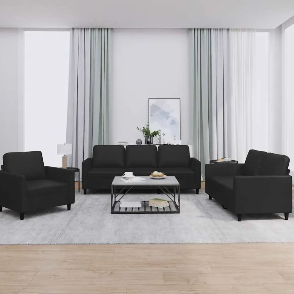 vidaXL 3-delige Loungeset met kussens kunstleer zwart