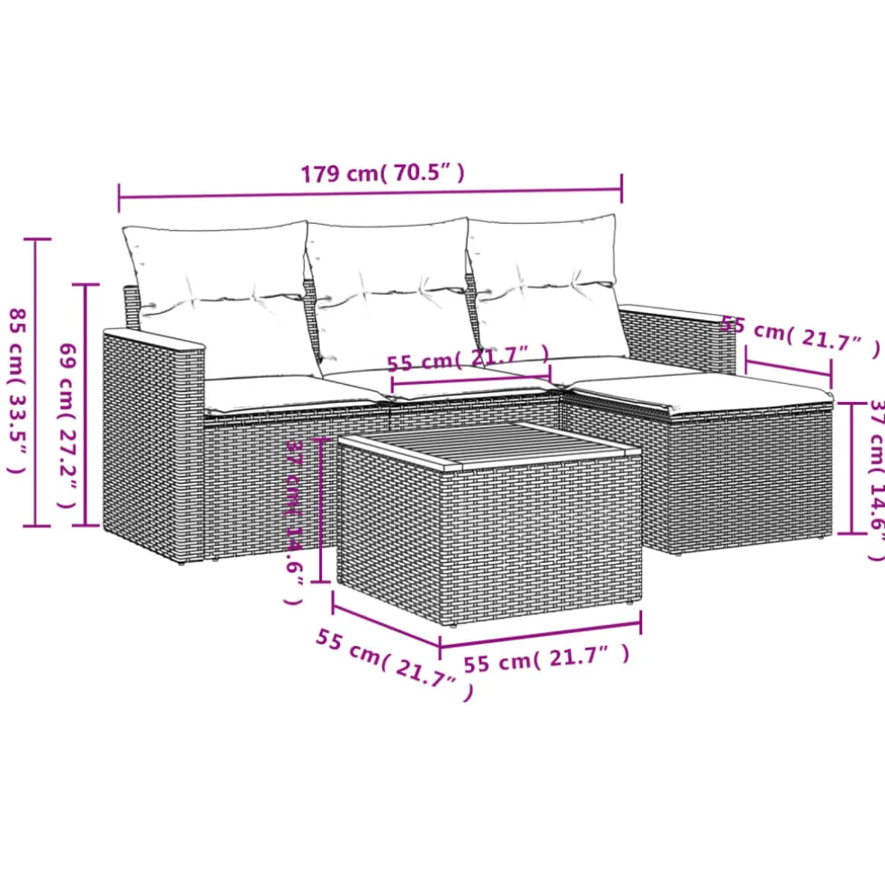 vidaXL 6-delige Loungeset met kussens poly rattan grijs