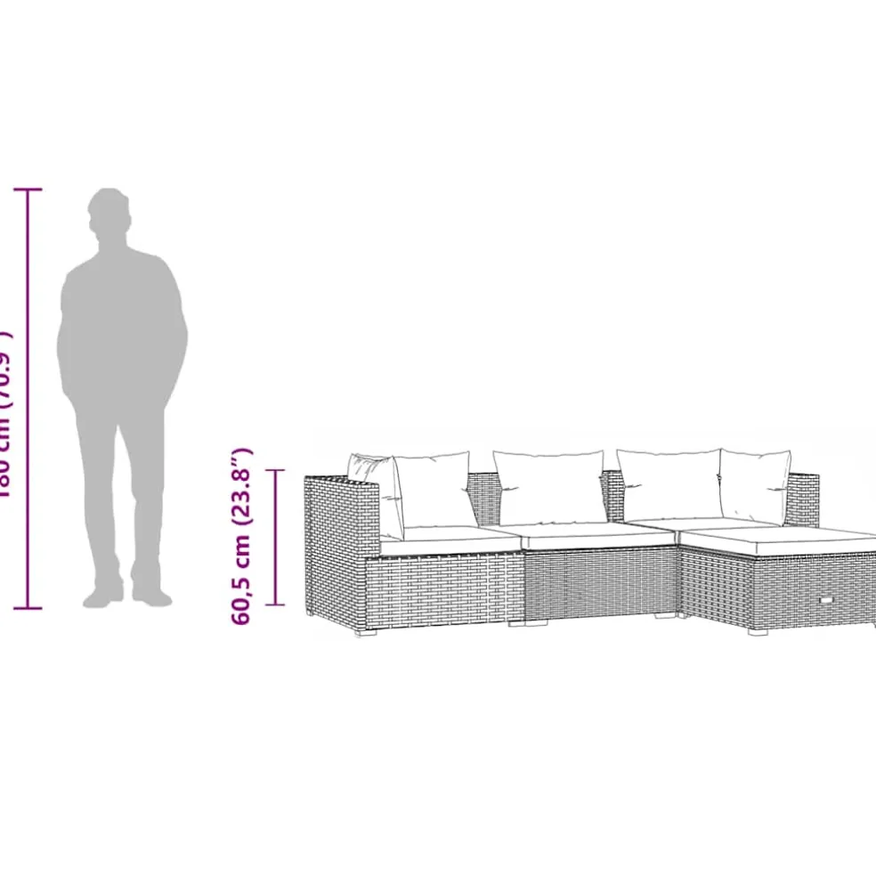 vidaXL 4-delige Loungeset met kussens poly rattan grijs