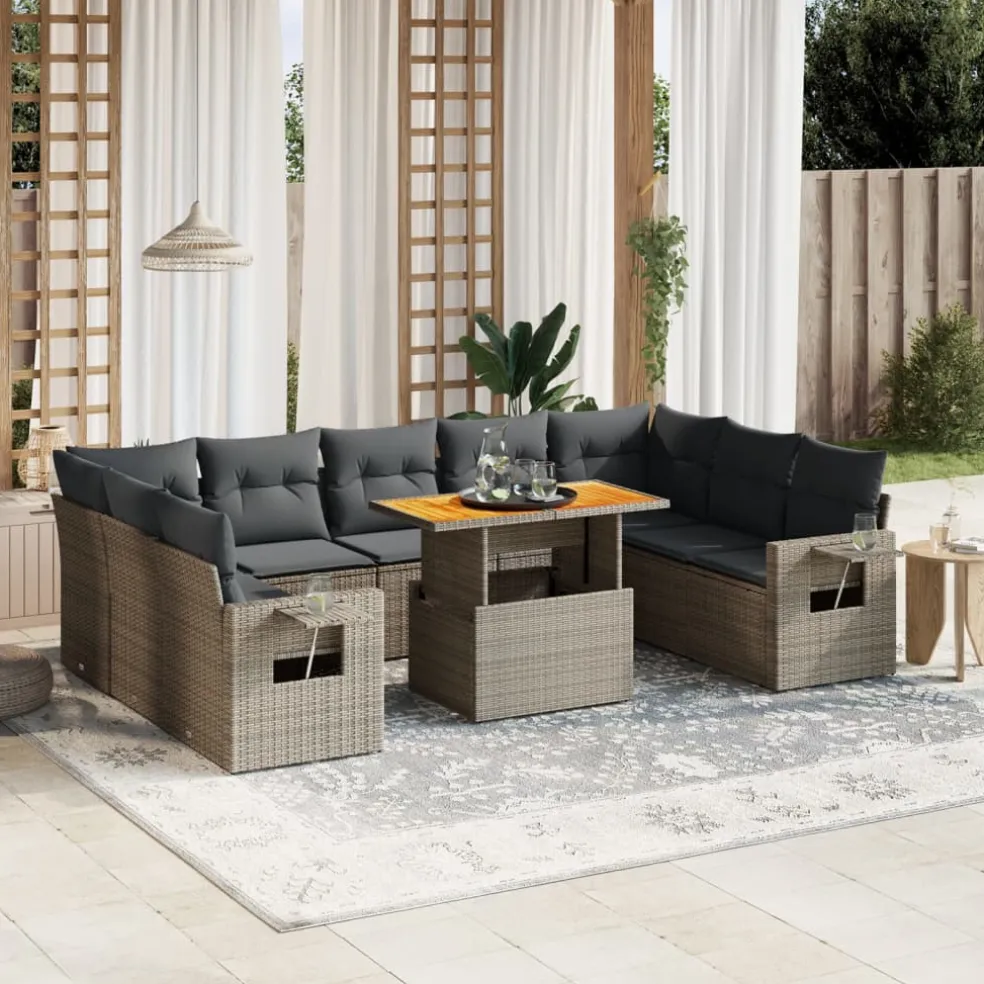 vidaXL 10-delige Loungeset met kussens poly rattan grijs