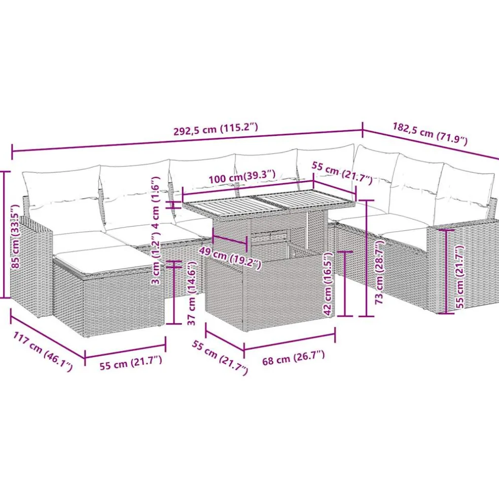 vidaXL 4-delige Loungeset met kussens poly rattan bruin