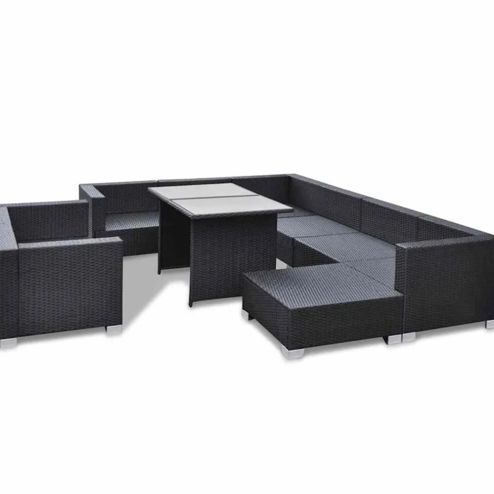 vidaXL 10-delige Loungeset met kussens poly rattan zwart