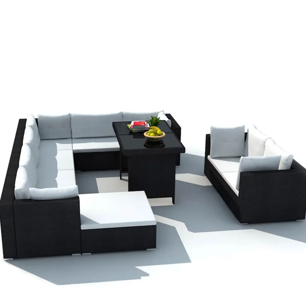 vidaXL 10-delige Loungeset met kussens poly rattan zwart