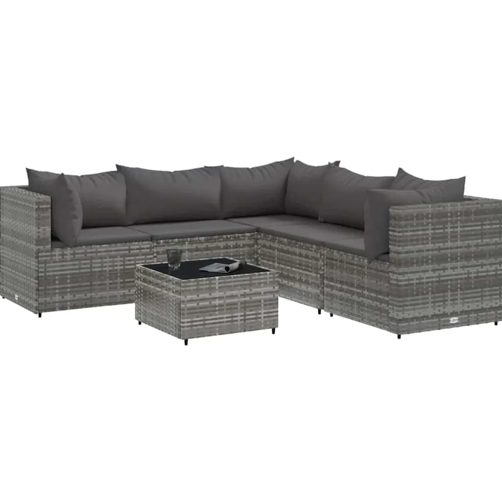 vidaXL 6-delige Loungeset met kussens poly rattan grijs