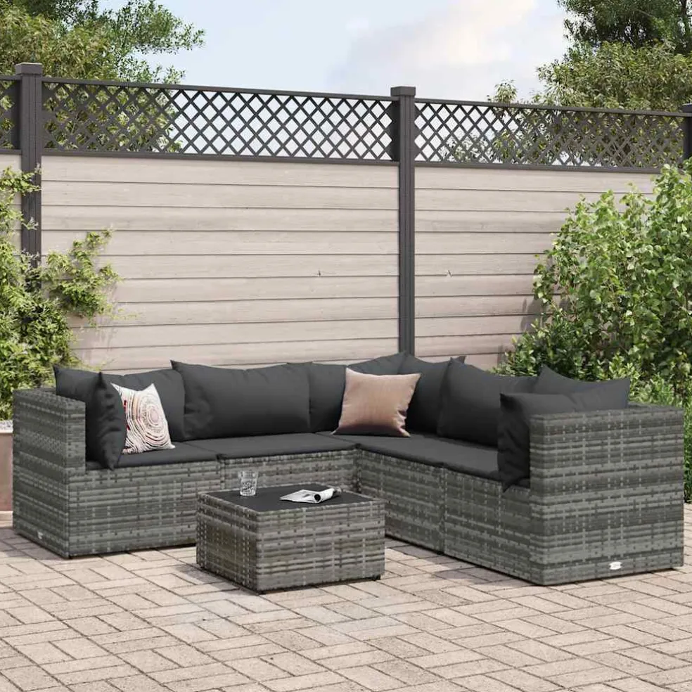 vidaXL 6-delige Loungeset met kussens poly rattan grijs