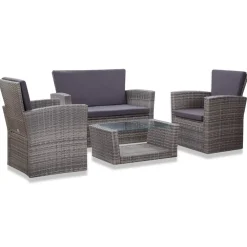 vidaXL 4-delige Loungeset met kussens poly rattan grijs