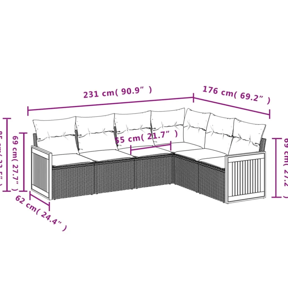 vidaXL 6-delige Loungeset met kussens poly rattan zwart