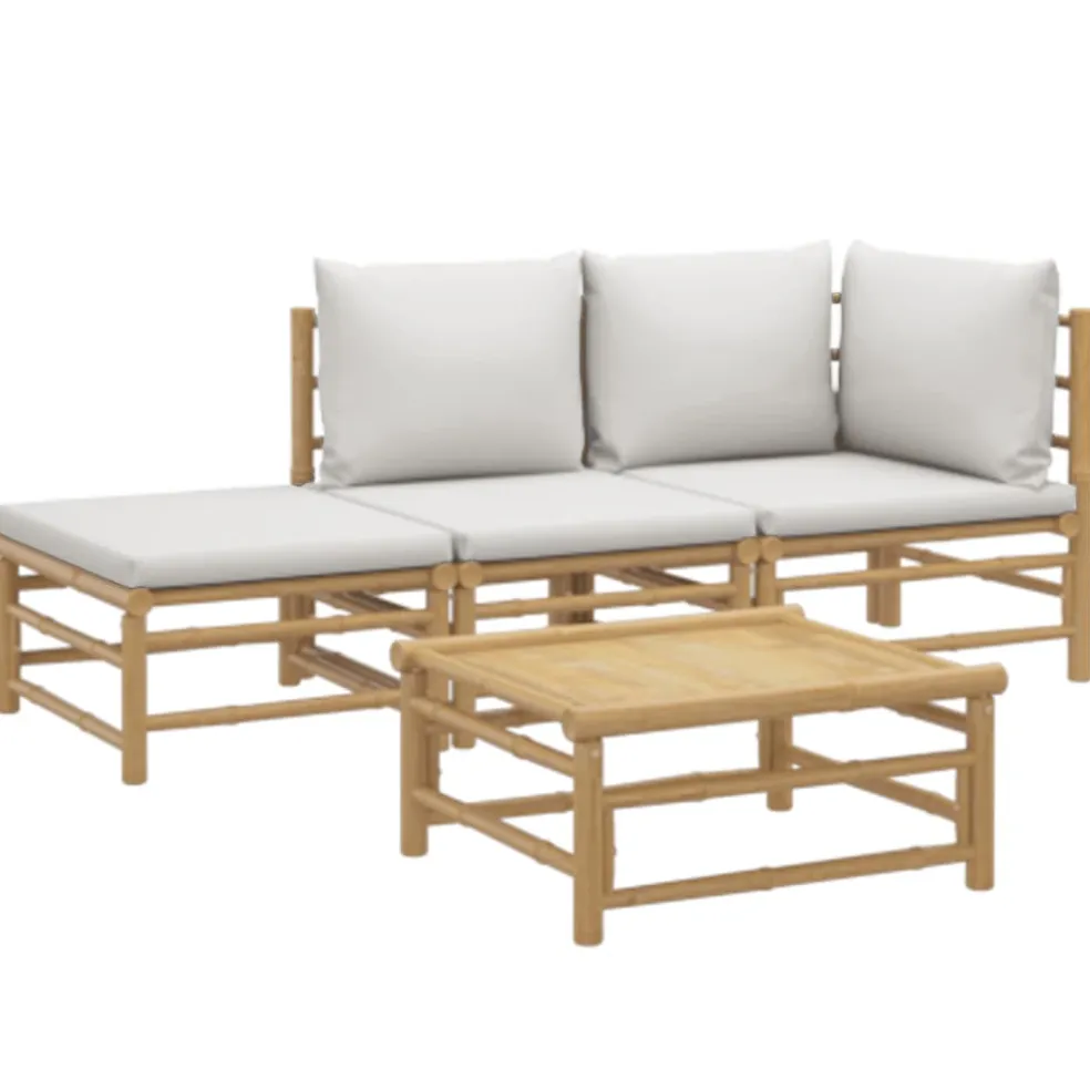 vidaXL 4-delige Loungeset met kussens bamboe lichtgrijs