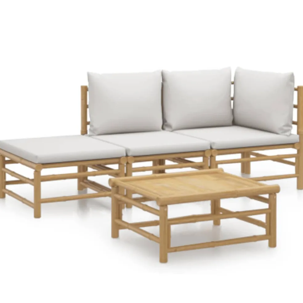 vidaXL 4-delige Loungeset met kussens bamboe lichtgrijs
