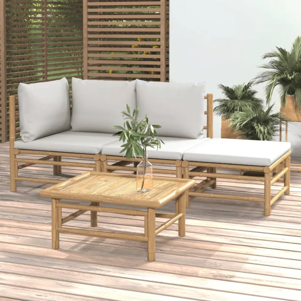 vidaXL 4-delige Loungeset met kussens bamboe lichtgrijs
