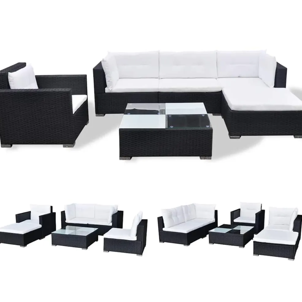 vidaXL 6-delige Loungeset met kussens poly rattan zwart