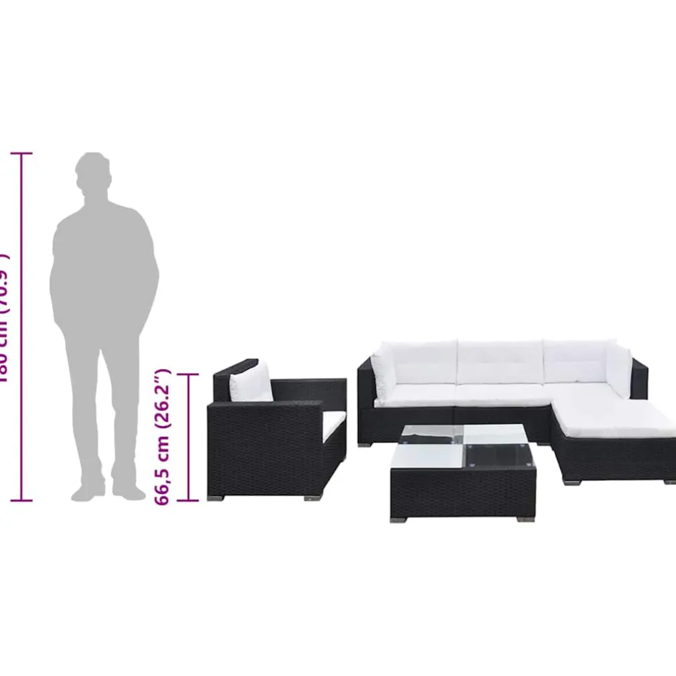 vidaXL 6-delige Loungeset met kussens poly rattan zwart