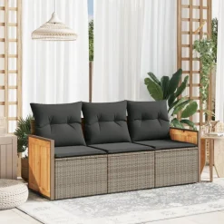 vidaXL 3-delige Loungeset met kussens poly rattan grijs