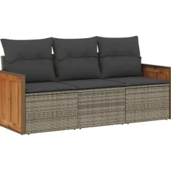 vidaXL 3-delige Loungeset met kussens poly rattan grijs