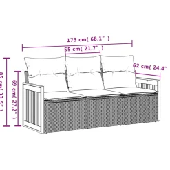 vidaXL 3-delige Loungeset met kussens poly rattan grijs