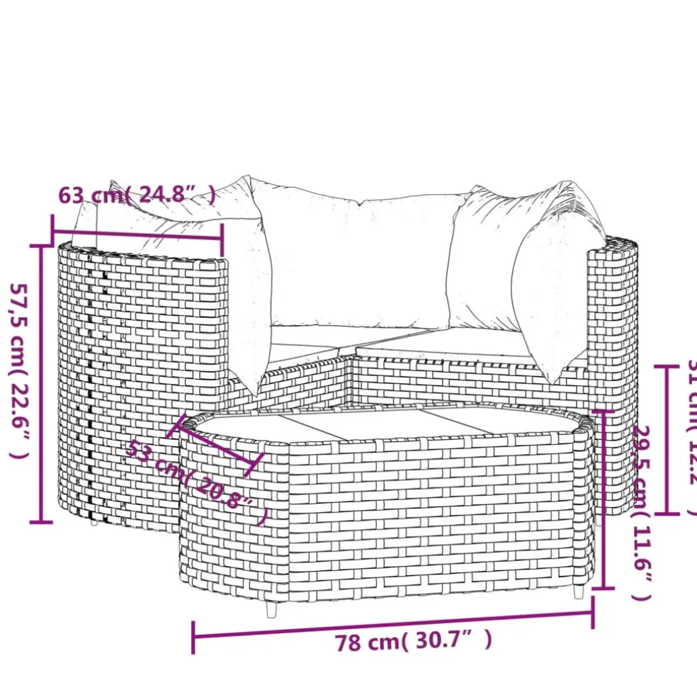vidaXL 4-delige Loungeset met kussens poly rattan bruin