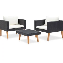 vidaXL 3-delige Loungeset met kussens poly rattan zwart